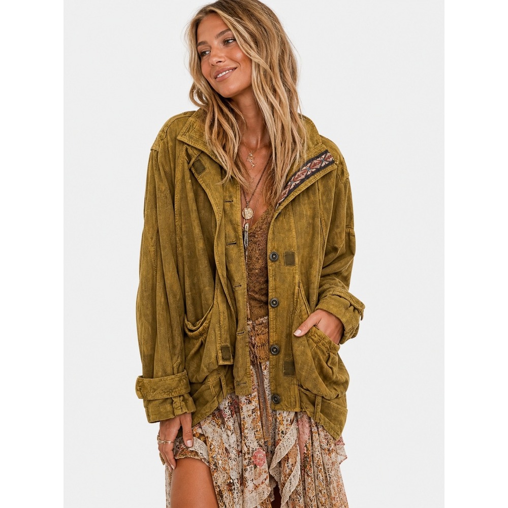 NWOT Free People Mustard Yellow Linen Blend Utility Military Safari Jacket M New